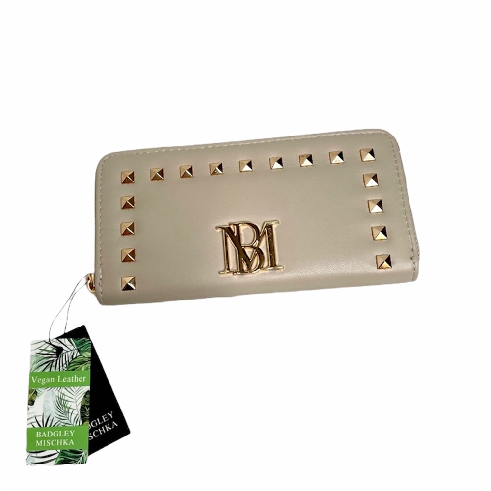 Badgley Mischka tan studded wallet